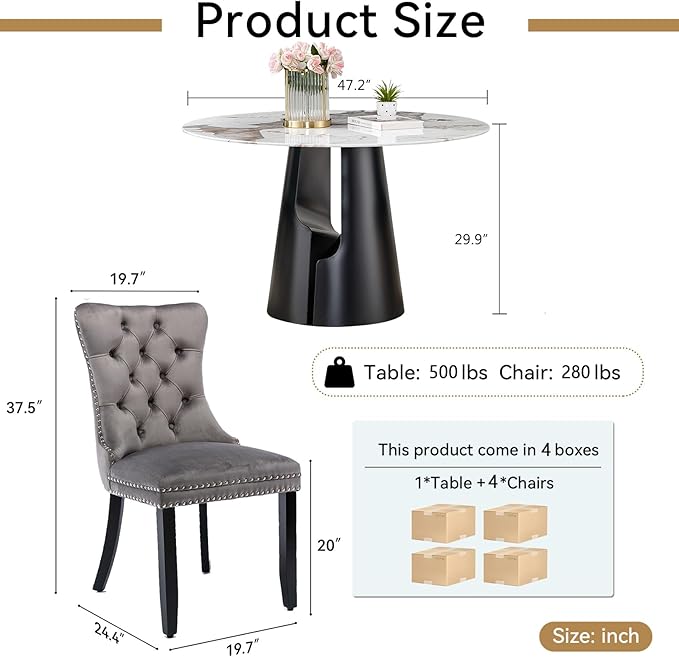 5-Piece Faux Marble Round Dining Table Set for 4, Modern Luxury Kitchen Table Set for 4 with Grey Tufted Chairs,Circle Dining Tables with Pandora Grain Top and Black Pedestal Base
