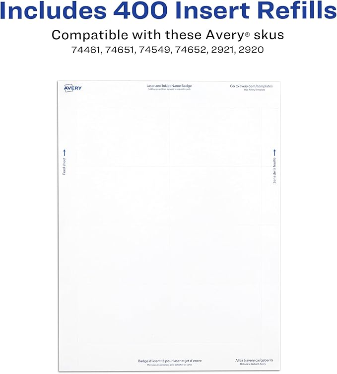 Avery Customizable Name Badge Inserts, 2.25" x 3.5", White, 400 Printable Name Tag Inserts (5390)