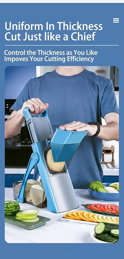 SPICE OUTLET New Upgrade Safe Mandoline Slicer Plus, Biger Size, Adjustable Vegetable Food Chopper Potato Fries Cutter, Detachable Blade, Kitchen Chopping Artifact with Container. Blue
