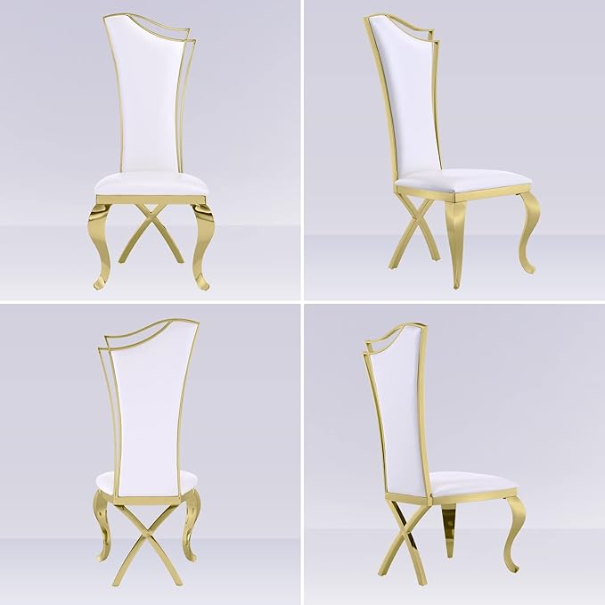 White and Gold Dining Chairs Set of 8, White PU Leather Dining Room Chair with Gold Polished Metal Legs, Glam Upholstered Kitchen Chairs for Dining Room, Kitchen, Living Room