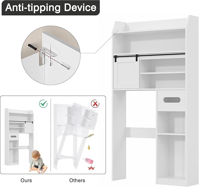 VECELO Over The Toilet Storage Cabinet with Sliding Doors, 63.8" Toilet Organizer with Adjustable Shelves, Paper Holder and Racks, for Bathroom Laundry, White