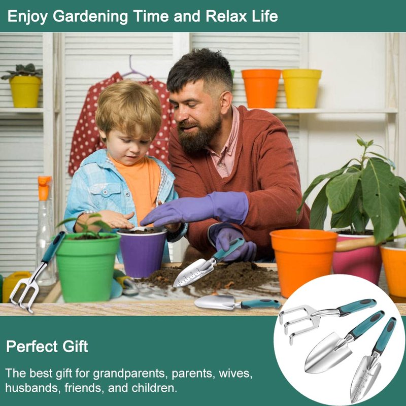 FANHAO Garden Tools Set, 3 Piece Heavy Duty Gardening Tools Cast Aluminum with Soft Rubberized Non-Slip Handle, Durable Garden Hand Tools Garden Gifts for Men Women