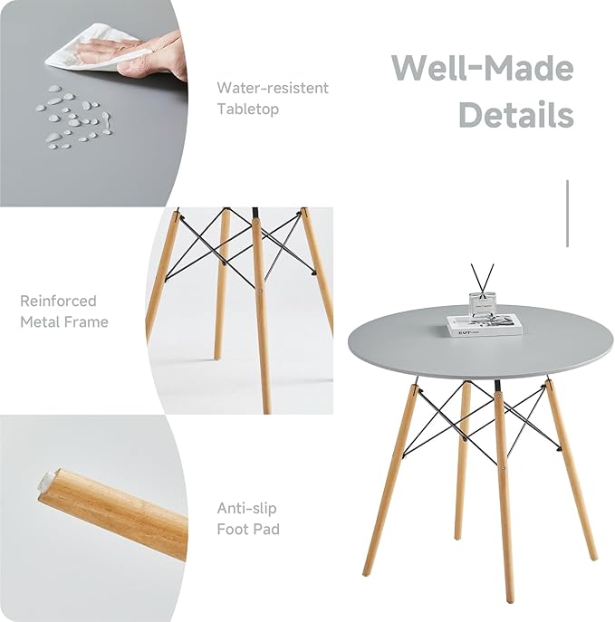 Round Dining Table Set for 4 31.5" Wood Dinner Table Circle Dining Table Kitchen Table Chairs Set of 4 with Wood Strip Base for Kitchen Living Room Space Saving Apartment(Grey)