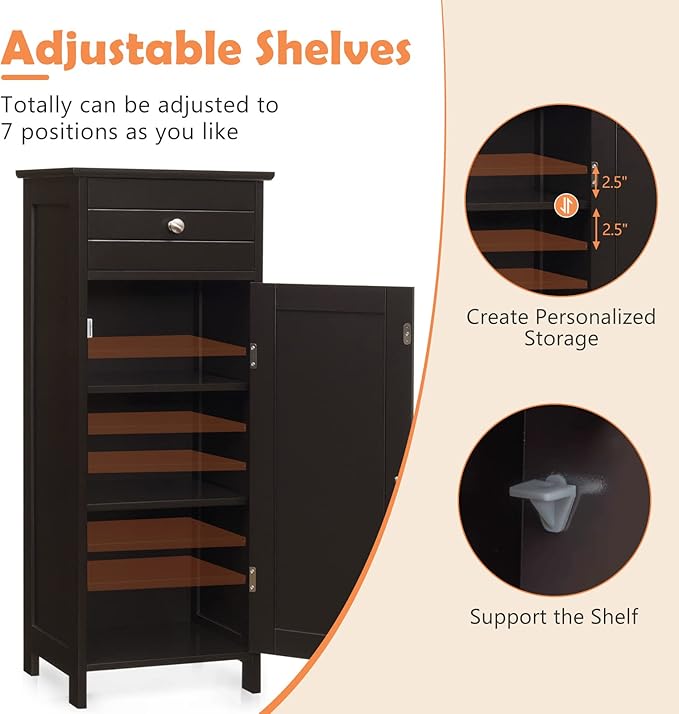 COSTWAY Bathroom Storage Cabinet, Single Door Floor Cabinet with Drawer and 3-Level Adjustable Shelves, Modern Side Storage Organizer with Anti-Tipping Device for Living Room, Bedroom (Brown)