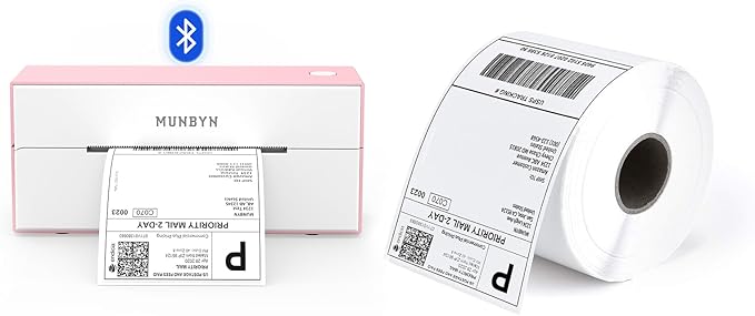 MUNBYN Bluetooth Thermal Label Printer, 4x6 Shipping Label Printer+Thermal Direct Shipping Label (Pack of 500 4x6 Per Roll Labels)