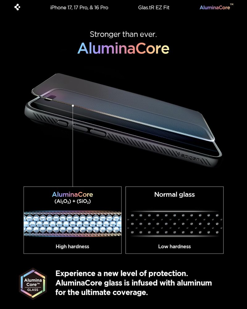 Spigen AluminaCore Tempered Glass Screen Protector [Glas.tR EZ Fit] designed for iPhone 17 Pro | iPhone 17 | iPhone 16 Pro [2 Pack] 9H+ Hardness, Aluminum-Enhanced Durability