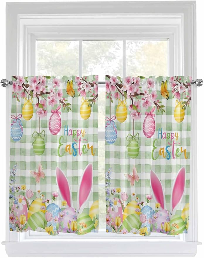 Happy Easter Kitchen Curtains 45 Inches length, Spring Bunny Eggs Flower Sage