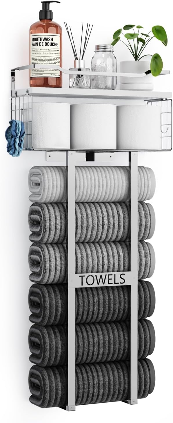 Aetyord Towel Racks for Bathroom - Wall Mounted Metal Rack with Wood Plank, Bathroom Storage Organizer, Towel Holder Stores 6 Large Rolled Towels Easily, Silver with White Plank