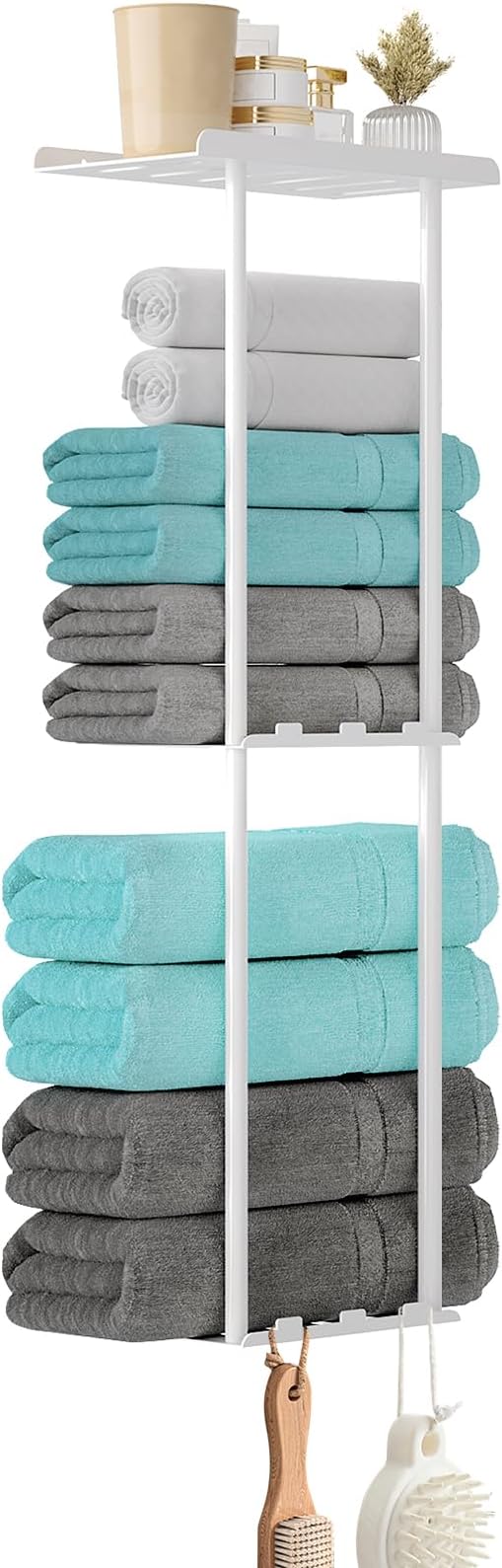 Towel Racks for Bathroom, 3 Tier Metal Towel Holder, with Shelf & 6 Hooks, 29 inch Wall Mounted Towel Storage, 6 Large Bath Towels Capacity,Small Bathroom Towel Rack for Rolled Towels, White