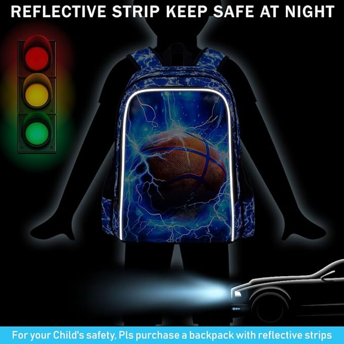 KLFVB 3PCS Boys Backpack, 17" Kids Bookbag and Lunch Box, Water Resistant Teenagers School Backpacks for Middle Elementary - Lightning Basketball