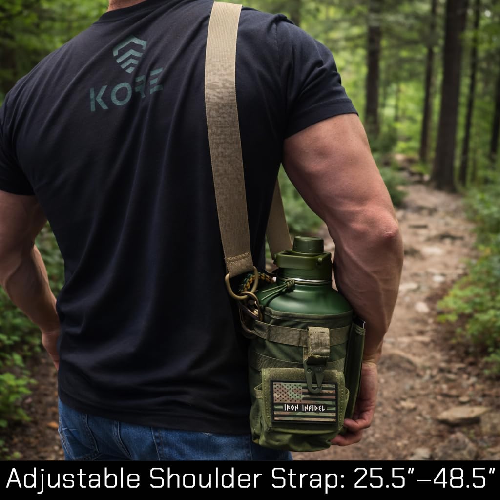 Iron Infidel Battle Pack - Accessories Kit for Battle Bottle - Water Bottle Cap Replacements for 64 Oz or 32 Oz | Wide Mouth Lid, Shoulder Strap, Paracord Handle, Morale Patch & Decal (Green/Tan)