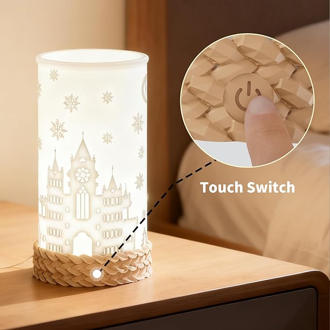 Rechargeable Touch Control Table Lamp, 3-Way Dimmable LED Bedside Lamp with Novelty Lithophane Shade and Rotation Base for Bedroom, Living Room, Office