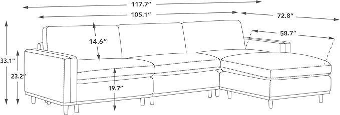 CHITA Super Large Luxury L Shape Convertible Sectional Modular Sofa, Down Filled Modern Sofa with Ottoman, Deep Seat Cloud Couch, 118 inch Width, 4 Seat Couch with Solid Wood Leg, Grey