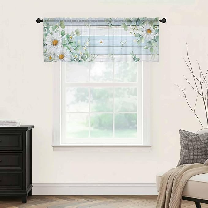 Daisy Eucalyptus Leaves Sheer Valance Curtains