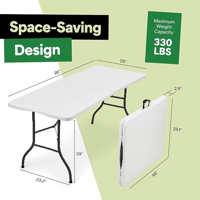 EconoHome White 8ft Folding Table with Handle | Heavy-Duty Foldable Table | Portable Table for Indoor & Outdoor Use | Perfect for Events, Camping, Parties, Dining & More