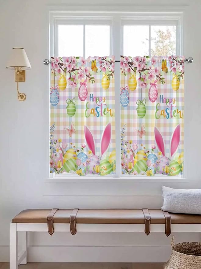 Happy Easter Kitchen Curtains 54 Inches Length, Spring Bunny Colorful Eggs