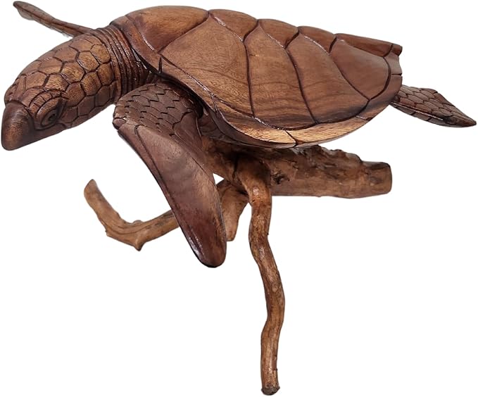 WorldBazzar Beautiful Extra Large Huge Hand Carved Wood Turtle Ocean Coral Statue One of Kind,Brown