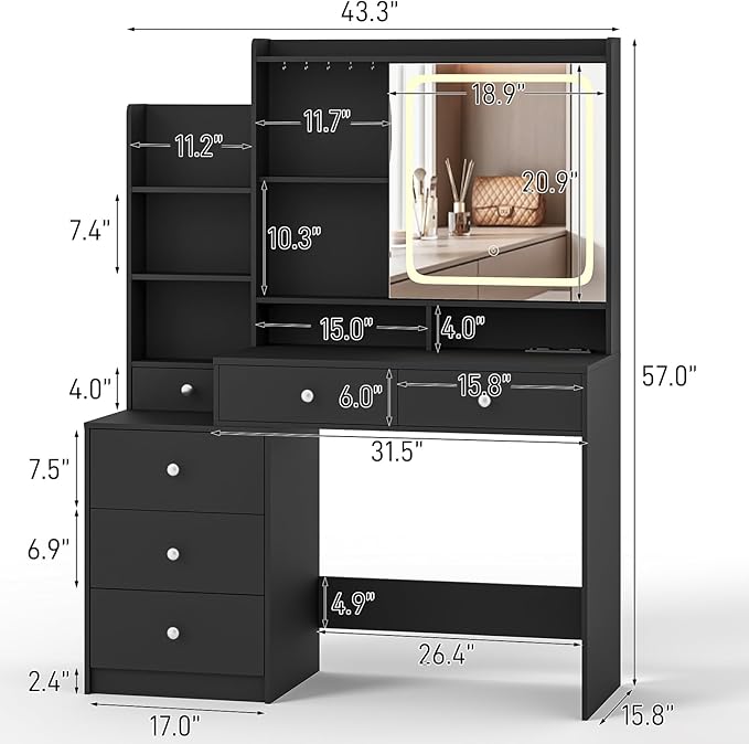 Vabches Makeup Vanity with LED Lights Mirror and Charging Station, Vanity Desk with Multiple Shelves and Drawers, Dressing Desk with 3 LED Light Models for Bedroom, Black