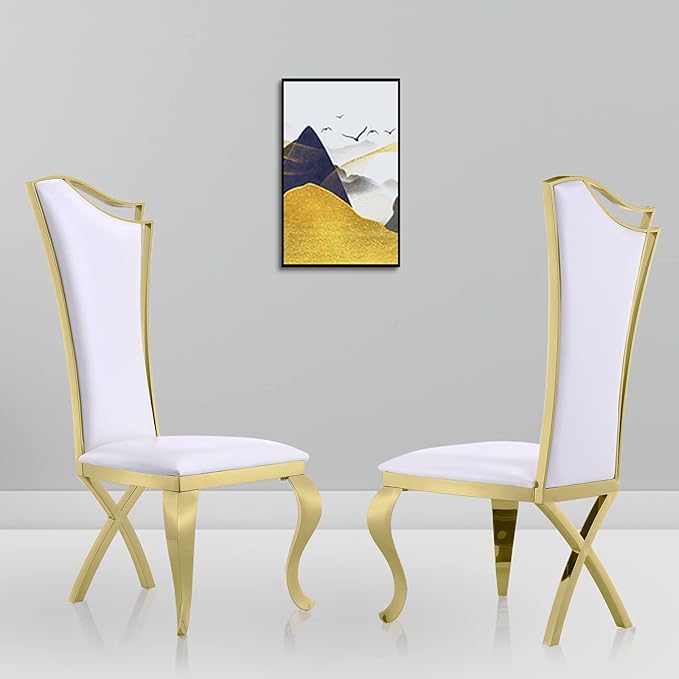 White and Gold Dining Chairs Set of 4, White PU Leather Dining Room Chair with Gold Polished Metal Legs, Glam Upholstered Kitchen Chairs for Dining Room, Kitchen, Living Room