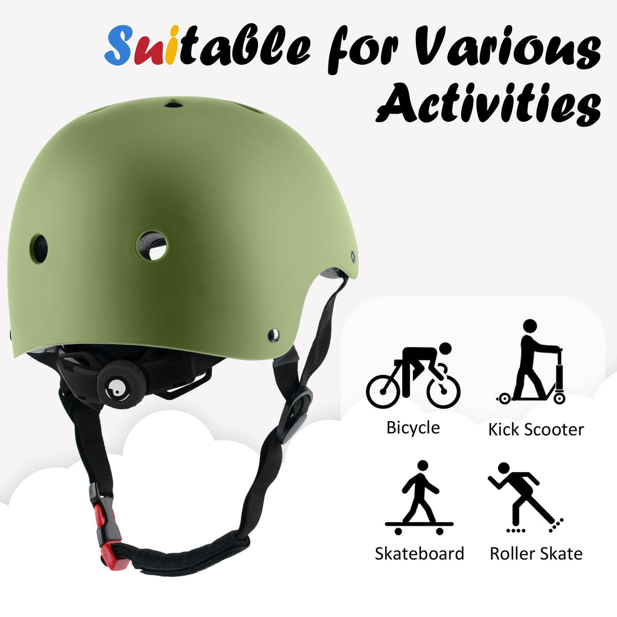 Kids Bike Helmet, Adjustable and Multi-Sport, from Toddler to Youth, 3 Sizes (Olive)