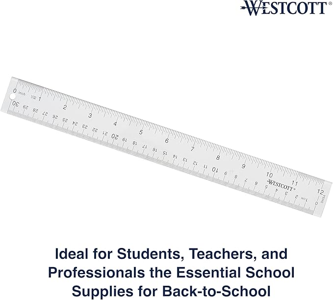 Westcott Acrylic Clear Ruler, Easy-to-Read Markings, Scratch-Resistant Design, Raised Beveled Edges, for Crafting, Office, Classroom, Back to School, School Supplies, 12-Inch