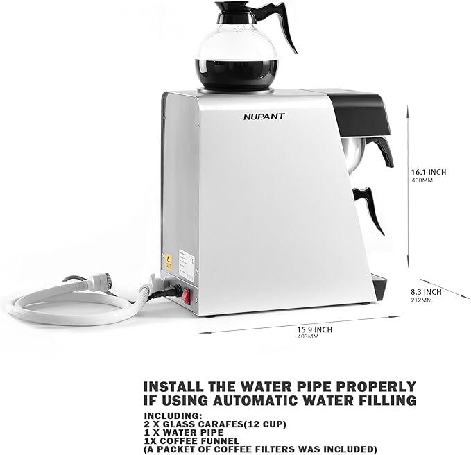 NUPANT 12-Cup Commercial Drip Coffee Maker 1.8L Auto Filling Pour Over Coffee Machine with 2 Glass Carafes, 2 Warmers, LCD Panel, Automatic Stainless Steel Coffee Brewer for Cofe Bar and Restaurant
