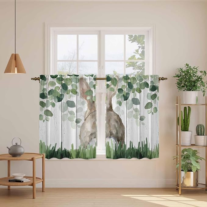 Easter Tier Curtains, Country Rabbit Botanical Leaves Wooden Grain Light