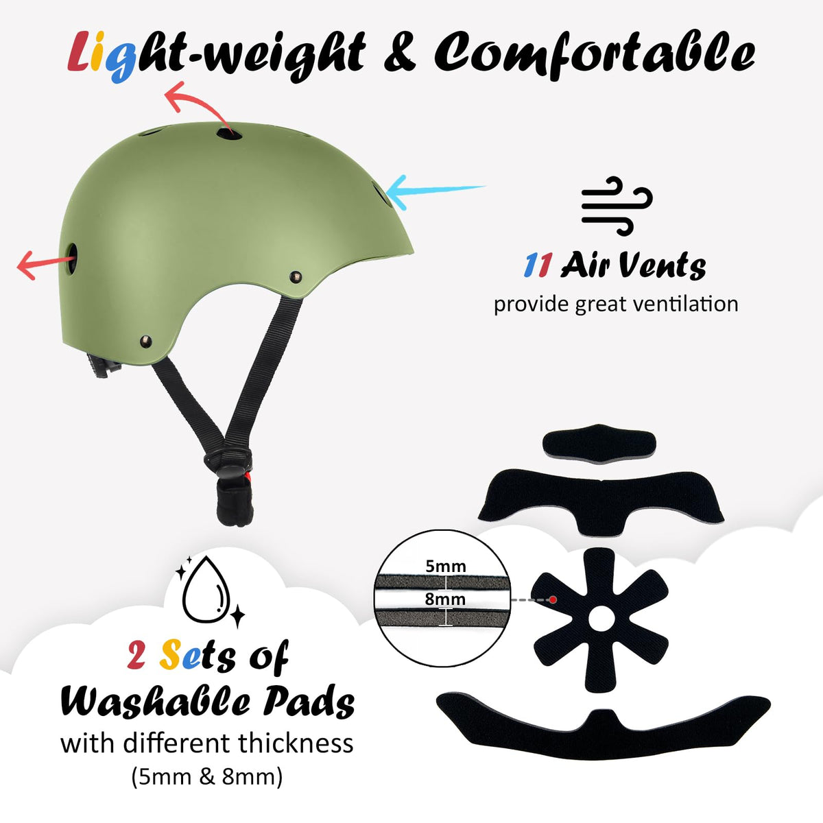 Kids Bike Helmet, Adjustable and Multi-Sport, from Toddler to Youth, 3 Sizes (Olive)