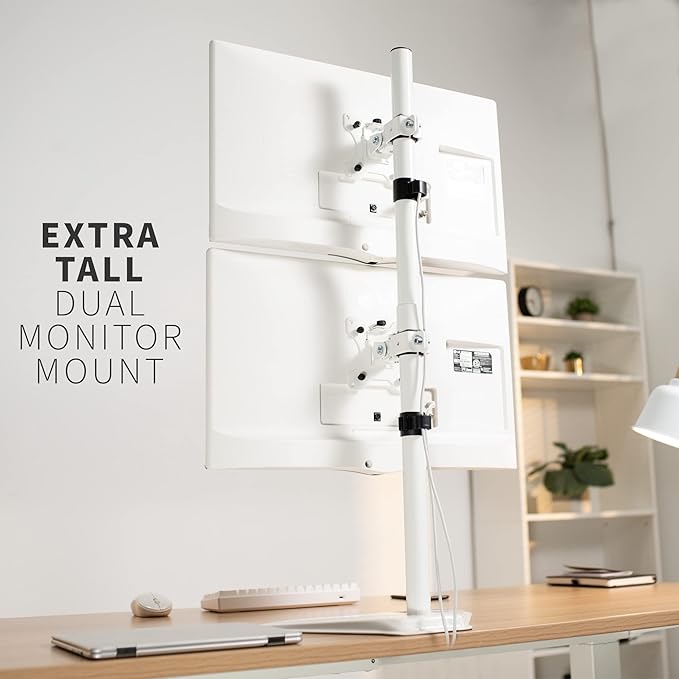 VIVO Dual Monitor Desk Stand Free-Standing LCD Mount, Holds in Stacked Vertical Position 2 Ultrawide Screens up to 34 inches, White, STAND-V002LW
