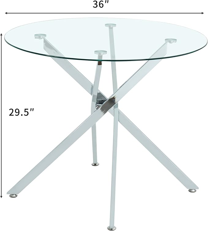 36" Round Glass Dining Room Table for 4 with Tempered Glass Top and Silver Chrome Metal Legs, Modern Clear Kitchen and Dinner Table for Home Office Dining Room