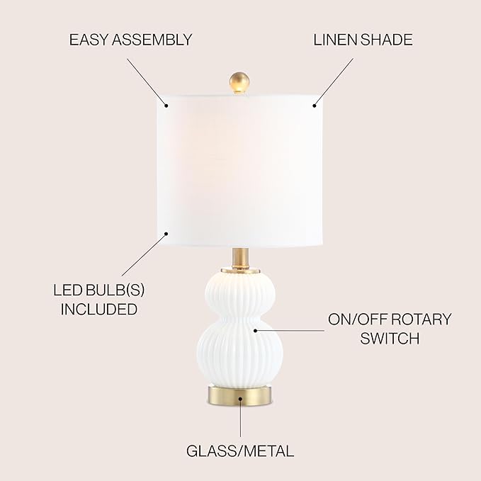JONATHAN Y 20" White/Brass Gold Ribbed Gourd Glass Table Lamp, Modern Bedside Lamp for Bedroom Living Room, White Linen Drum Shade, LED Bulb Included JYL1099A