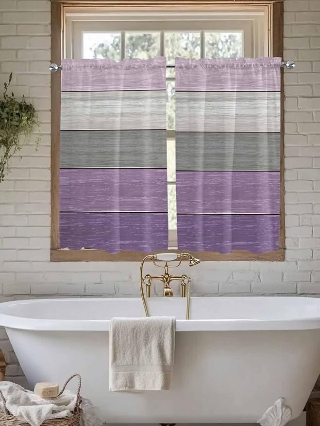 Country Wood Board Gray Purple Window Valance Curtains, Farmhouse Gradient