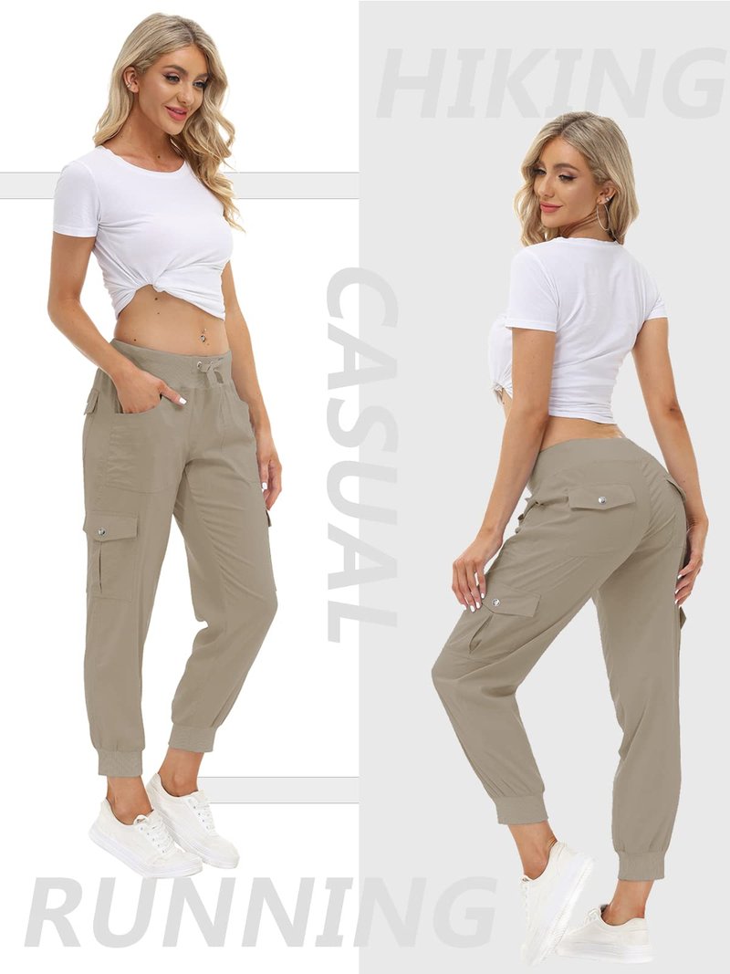 MoFiz Women's Cargo Pants Hiking Joggers Summer Lightweight Quick Dry Athletic Outdoor Sports Sweatpants Travel Casual Button Pockets Khaki 2XL
