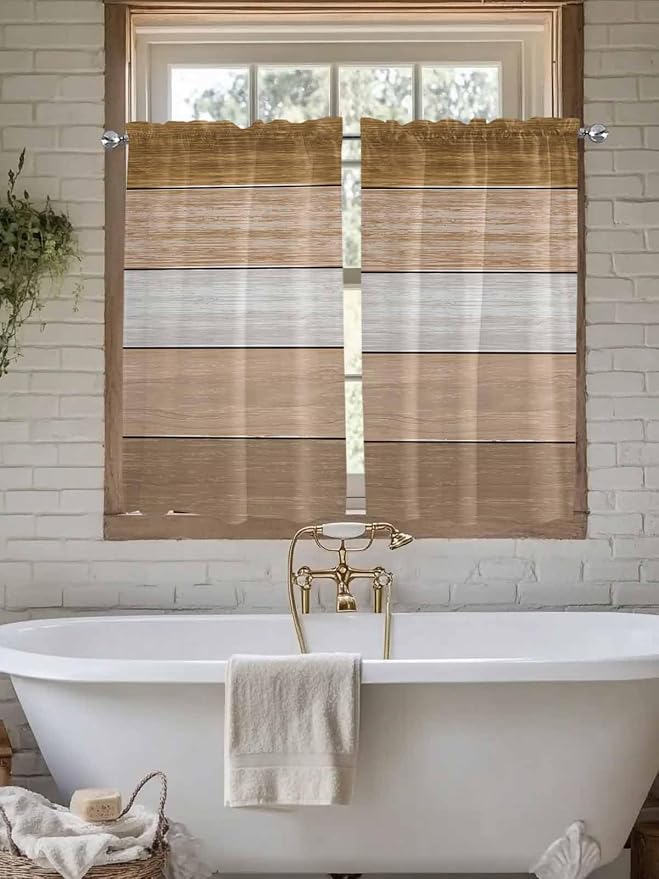 Retro Farm Wood Board Window Valance Curtains, 2 Panel