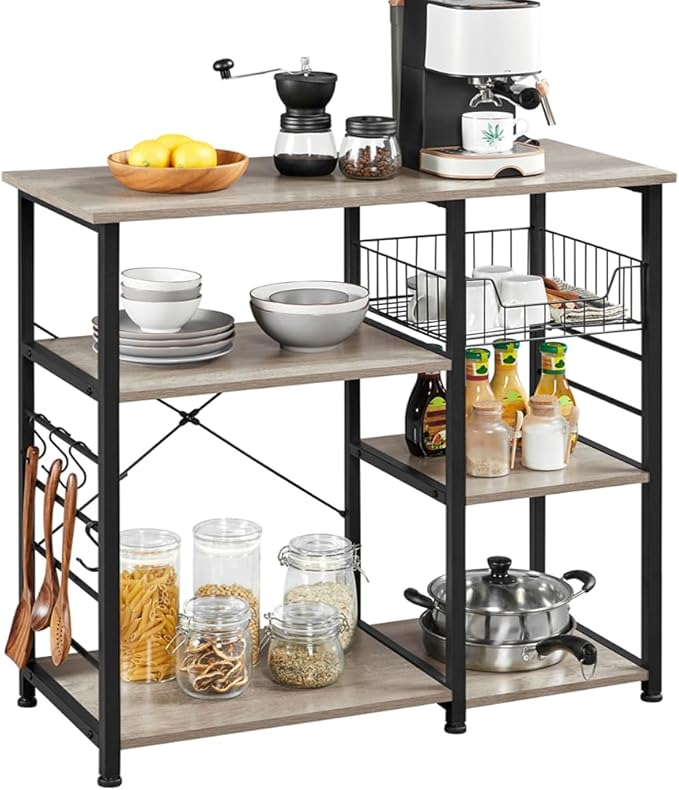 Yaheetech Kitchen Bakers Rack with Wire Basket, Coffee Bar Table Station Microwave Oven Stand Kitchen Utility Storage Shelf with 6 S-Shaped Side Hooks, Metal Frame, 15''D x 35.5''W x 33''H, Gray