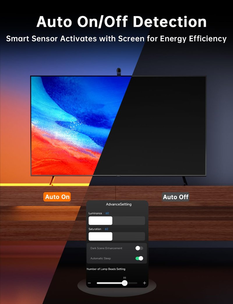 FFJ TV LED Backlight with Sensor, 14.7ft Cuttable RGB Lights that Change with TV for 55-65 Inch Screen and PC Monitor, Smart App Control, Game & Music Sync Color Changing Light