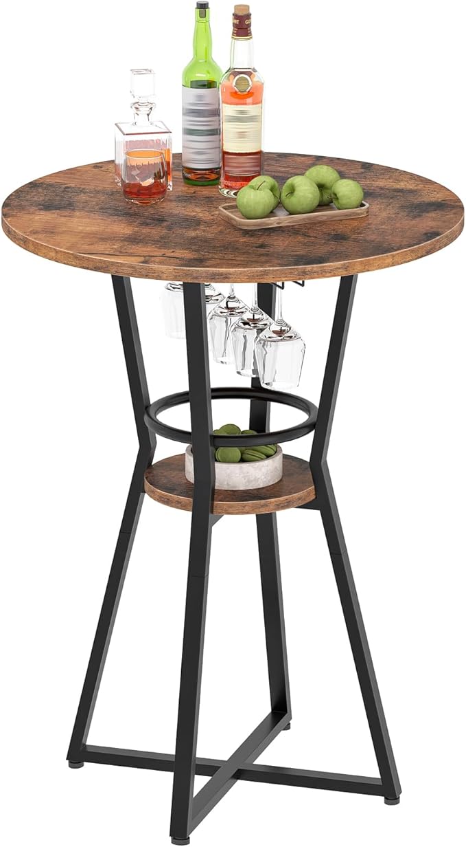 HOOBRO Round Bar Table, 2-Tier Counter Height Pub Table with Wine Glass Holder, Industrial Cocktail Table, for Small Space, Tavern, Living Room, Dining Room, Patio, Rustic Brown and Black BF62BT01G1