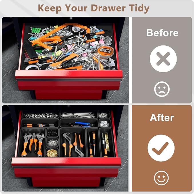 A-LuGei【XX-Large Size【5 Pcs】 Tool Box Organizer Tray Divider【Single Size】 Black Plastic Desk Drawer Organizer Garage Organization for Wrench Plier Hammer Bit Socket Extension Screwdriver Bolt Hex key - size: 5pcs-XXL Size
