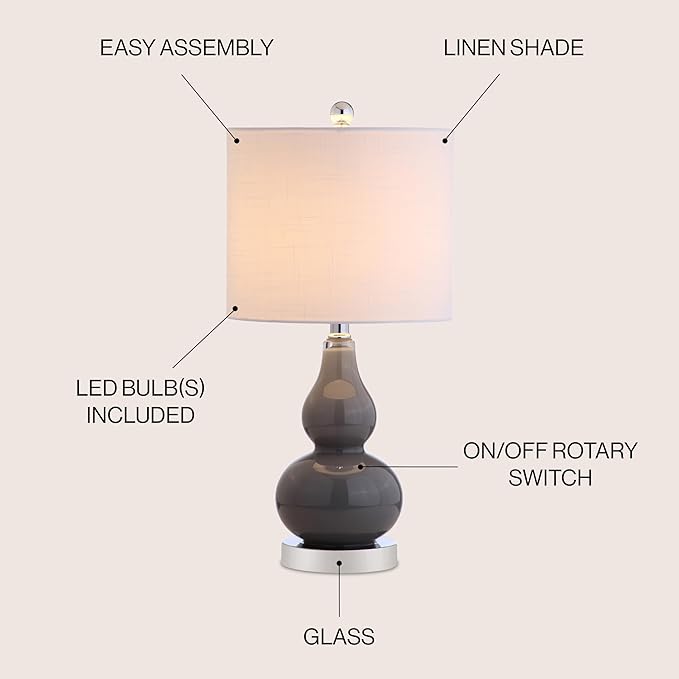 JONATHAN Y 20.5" Gray Glass Table Lamp, Modern Gourd Bedside Nightstand Lamp for Bedroom, Living Room, White Linen Shade, LED Bulb Included JYL1028A