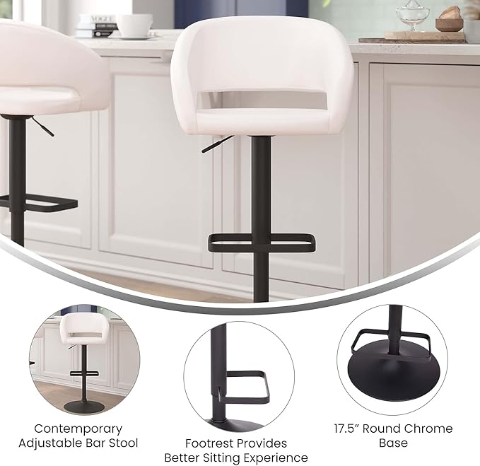 Flash Furniture Erik Comfortable & Stylish Contemporary Barstool with Rounded Mid-Back and Foot Rest, Adjustable Height - White Vinyl with Chrome Base