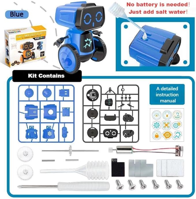 Science Saltwater-Powered Robot Kit, DIY STEM Gift Toys, No Batteries Required, Scientific Experiments, Creative Toy, Environmental Protection, for Festival & Birthday &Boys & Girls (Blue)