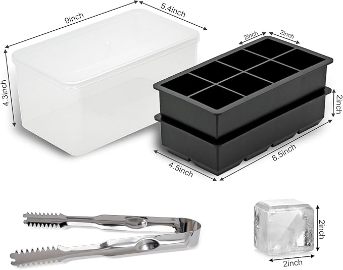 Bangp Large Silicone Ice Cube Tray with Bin and Tongs,2 Pack,Black