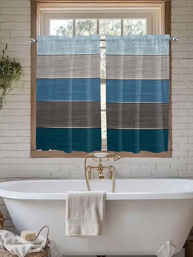 Retro Farm Blue Gray Wood Grain Window Valance Curtains, Rustic Wooden Plank