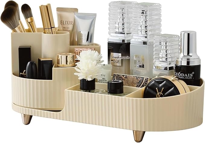 Rotating Cosmetic Organizer, Plastic Countertop Makeup Organizer with Makeup Brush Holder, Large Capacity Cosmetic Display Case, Countertop Makeup & Perfume Organizer with 9 Partitions (White)