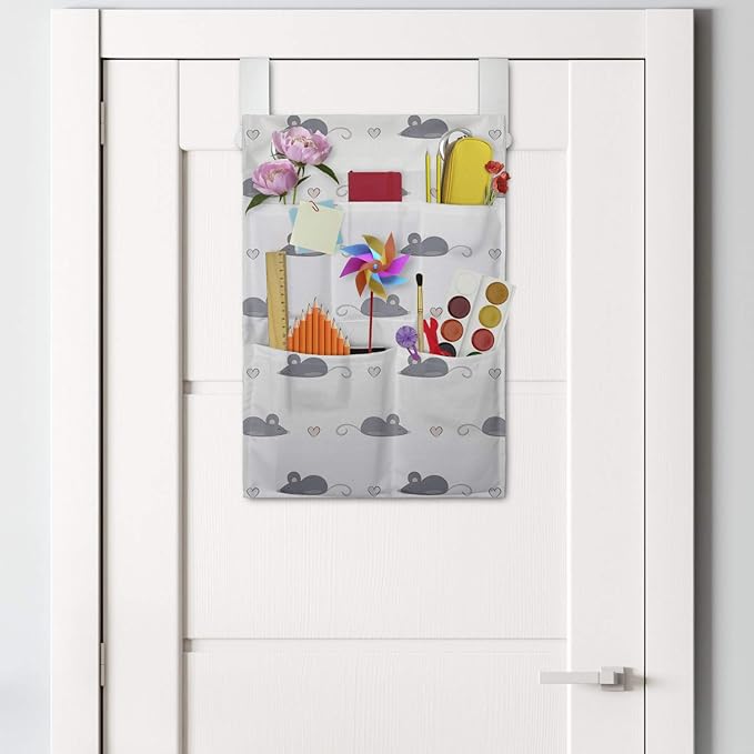 Ambesonne Mouse Hanging Pocket Organizer, Layout of Repetitive Rodents and Mini Hearts in a Hand Drawn Doodle Like Style, Printed Polyester Storage Bag with Pockets, 14" x 20", Dimgray and White