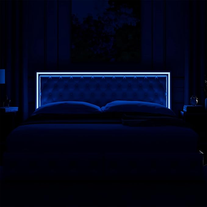 Keyluv Queen Upholstered LED Bed Frame with 4 Drawers, Pu Leather Platform Storage Bed with Adjustable Button Tufted Headboard and Solid Wooden Slats Support, No Box Spring Needed, White