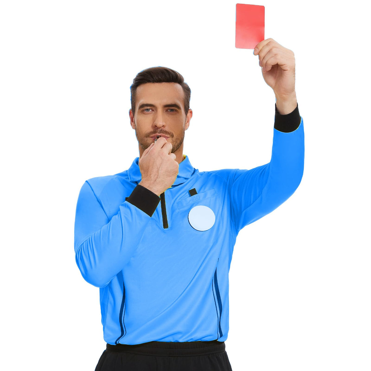 Soccer Referee Shirt Jersey kit Long Sleeve Pro Ref Costume Umpire Uniform with 3 Pcs Replace 3" Round Adhesive Hook & Loop Badge Holder, Referee Wallet with Red Card and Yellow Card Blue S