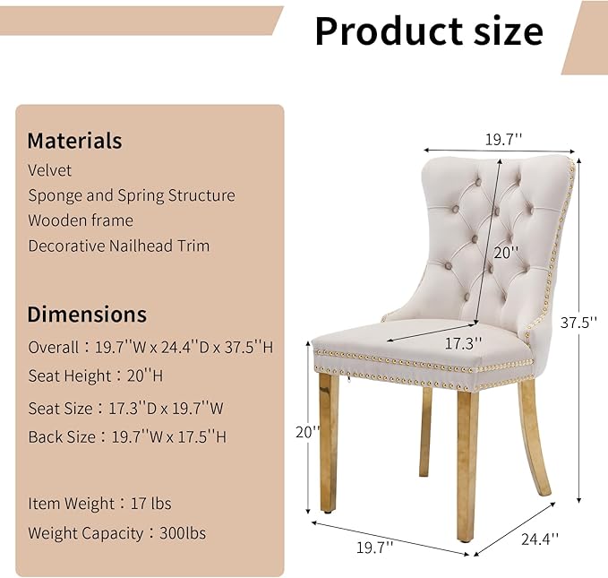 Luxury Upholstered Dining Chairs Set of 2, Beige Kitchen Chair with Golden Metal Legs, Velvet Tufted Back Dining Chair, Sillas de Comedor, Modern Kitchen & Dining Room Chairs (Beige, 2 Pcs)