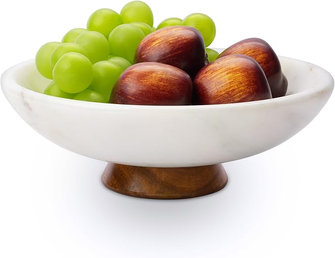 White Marble Fruit Bowl with Acacia Wood Pedestal, Large Decorative Footed Bowl, Natural Stone Centerpiece for Kitchen Counter, Entryway, Keys, Dining Table, House Warming Gifts New Home(11Inch)