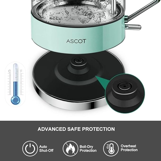 ASCOT Electric Kettle, Glass Electric Tea Kettle Gifts for Men/Women/Family 1.5L 1500W Borosilicate Glass Tea Heater, with Auto Shut-Off and Boil-Dry Protection
